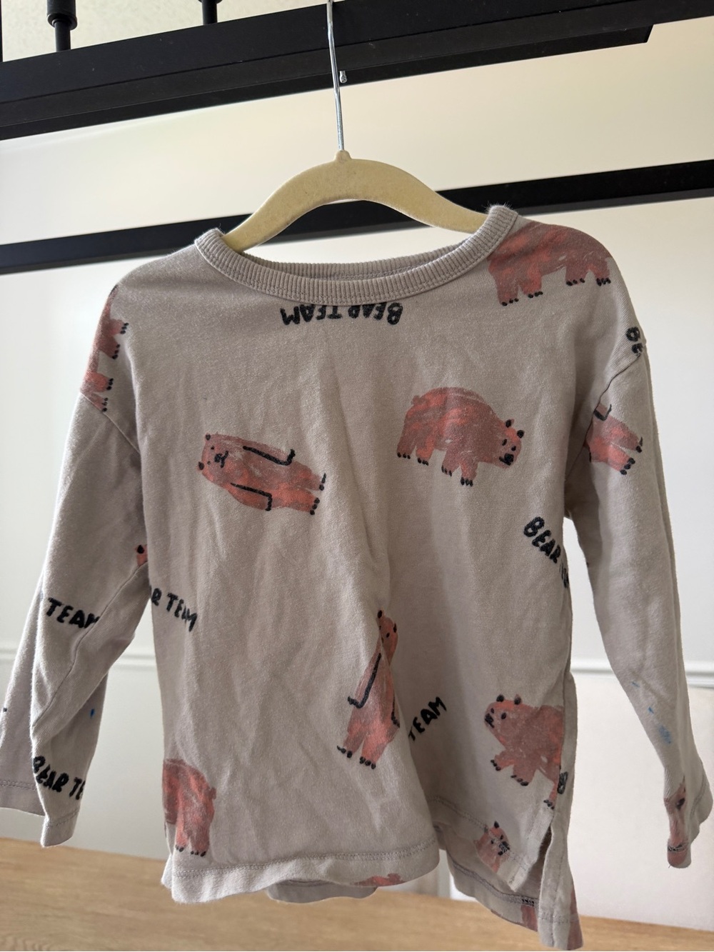 Zara Beige Long-Sleeve Top with Pink Bear Print